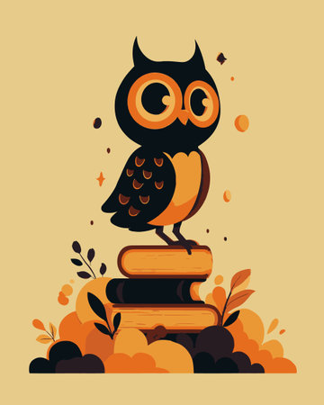Adorable cartoon owl illustration perched on books, featuring vibrant orange and black hues. Perfect for childrens decor or educational themes.のイラスト素材