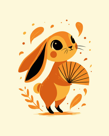 A charming cartoon rabbit features vibrant hues with a playful expression, holding a fan amidst a backdrop of decorative elements, perfect for joyful themes.のイラスト素材