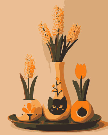 Bright and playful illustration of flower vases filled with vibrant blooms. The unique designs offer a cheerful aesthetic ideal for home or decor themes.のイラスト素材
