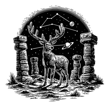 A striking illustration of a stag standing majestically beneath a starry sky, surrounded by ancient stone pillars, evoking a sense of wonder and tranquility.のイラスト素材