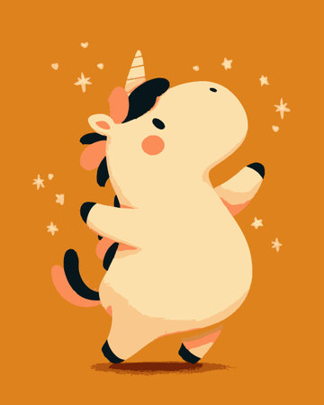 This charming cartoon unicorn character, set against an orange background, embodies a playful and whimsical spirit, surrounded by twinkling stars. Perfect for children's art!のイラスト素材