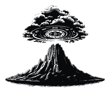 This striking illustration features a surreal mountain topped with a swirling cloud and a floating clock, symbolizing the distortion of time and reality in a dreamlike setting.のイラスト素材