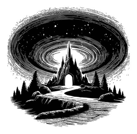 Explore a captivating black-and-white illustration of a mystical mountain landscape featuring an enchanting path leading to a grand archway under a starry night sky.のイラスト素材