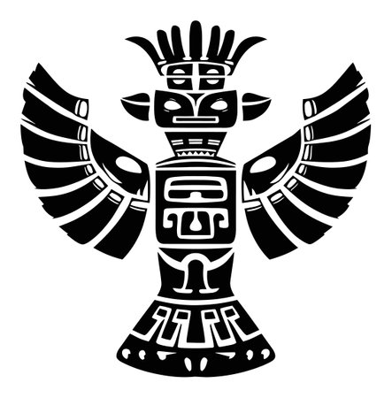 This powerful black and white illustration features a mythical bird with intricate designs, symbolizing culture and heritage. Ideal for artistic projects.のイラスト素材