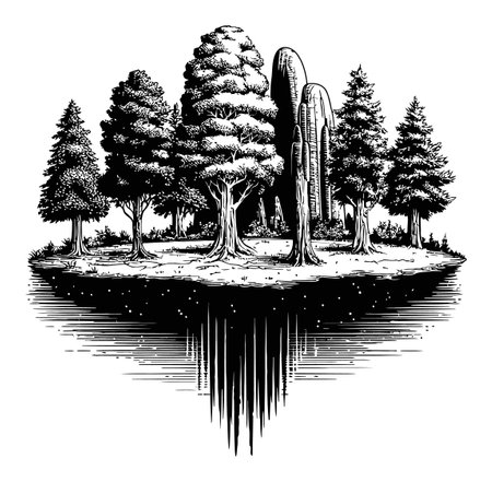 This intricate black and white engraving showcases trees on an island with a stunning water reflection, capturing serene beauty and artistic excellence in nature.のイラスト素材