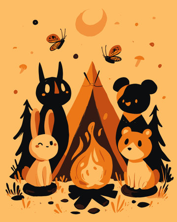 A playful illustration of a campfire scene featuring cartoon animals enjoying a cozy night in the woods. Perfect for evoking joy and adventure.のイラスト素材