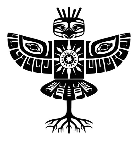 This detailed black illustration features a stylized bird adorned with symbolic elements, perfect for those seeking artwork that embodies cultural and artistic richness.のイラスト素材