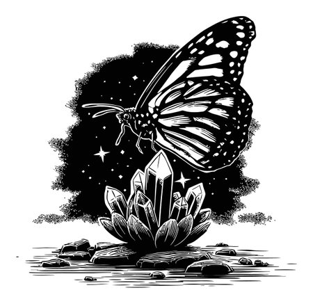 This intricate black and white engraving depicts a butterfly hovering over a crystal formation, creating a mystical and tranquil atmosphere perfect for art lovers.のイラスト素材