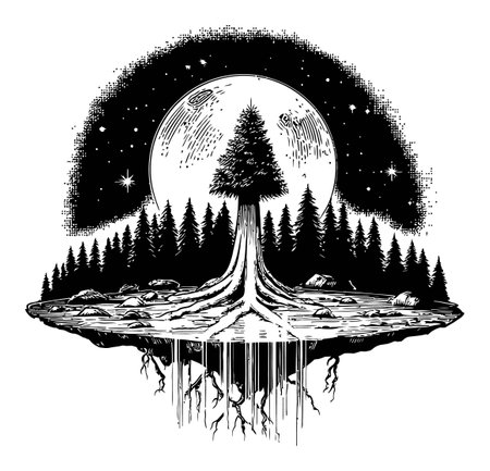 This captivating illustration features a majestic tree with detailed roots beneath a glowing moonlight. The enchanting forest setting creates a serene and mystical atmosphere.のイラスト素材