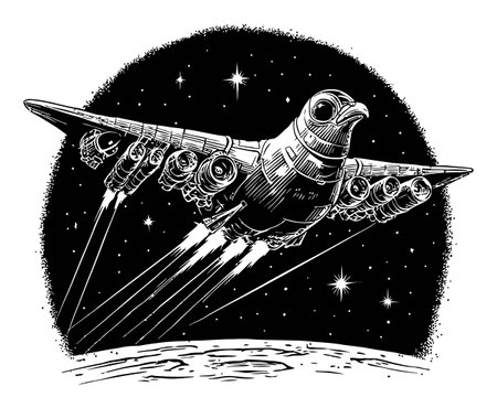 This detailed illustration showcases a unique spacecraft designed like an eagle soaring through space. The engraving style emphasizes creativity and imagination in aerospace design.のイラスト素材