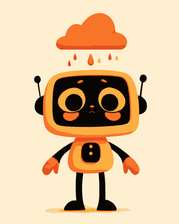 This charming cartoon robot character features a sad expression with a vibrant orange cloud above. Perfect for playful and creative projects.のイラスト素材