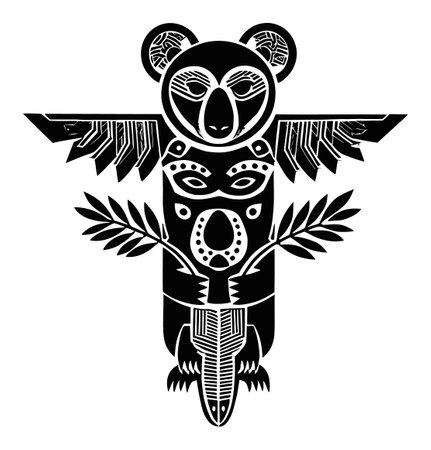 This striking black and white engraving features a bear totem with intricate designs and patterns, blending cultural heritage with artistic expression.のイラスト素材