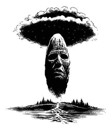 This striking engraving features a stone face emerging from a dramatic cloudy sky. It evokes feelings of mystery and contemplation while blending nature and art.のイラスト素材