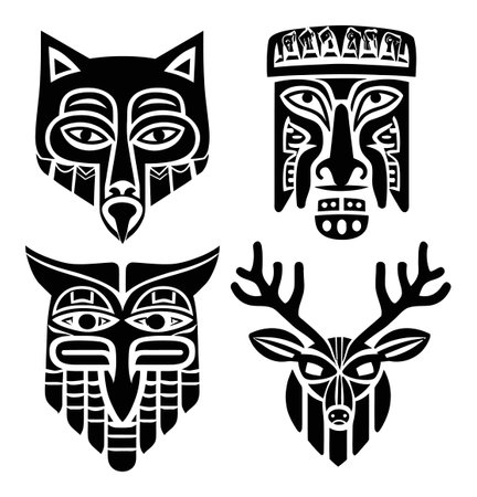 Explore these striking black and white illustrations featuring animal and mask designs. Perfect for creative projects, digital art, or cultural themes.のイラスト素材