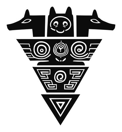 Explore this unique black and white engraving featuring symmetrical animal heads and abstract shapes. A vibrant blend of culture and artistry awaits.のイラスト素材