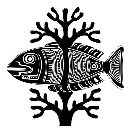 Intricate black and white engraving featuring a fish among coral, showcasing artistic creativity and marine essence. Ideal for decorative and illustrative purposes.のイラスト素材