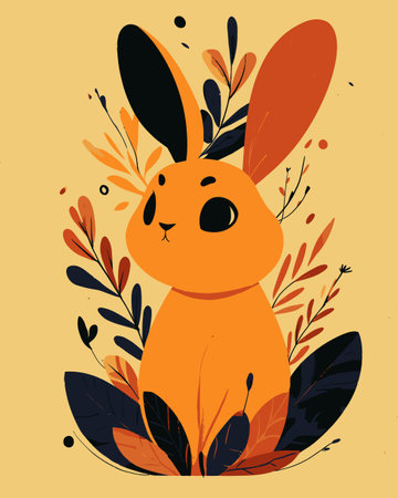 A charming cartoon rabbit illustration in vibrant orange and black tones, nestled amongst playful floral elements. Ideal for art projects and decor.のイラスト素材