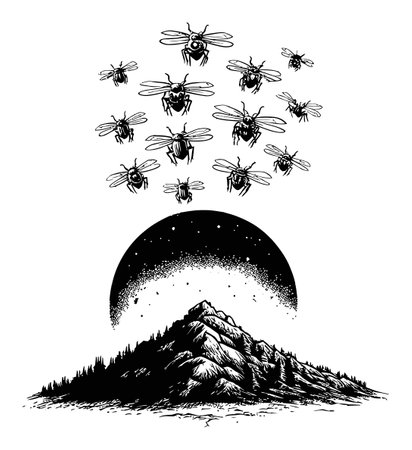 This detailed illustration features a swarm of bees flying above a majestic mountain, emphasizing nature's beauty and harmony in a black and white engraving style.のイラスト素材