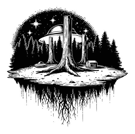 This artwork features a surreal scene of alien spaceships hovering above trees, set against a starry night sky. An enchanting blend of nature and fantasy.のイラスト素材