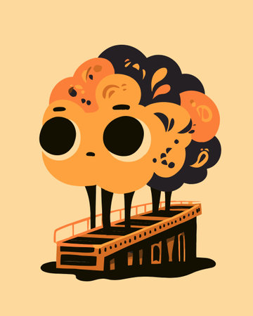 This whimsical illustration features a cartoon tree character on an abstract platform, showcasing unique design elements with playful colors and a fun, imaginative style.のイラスト素材