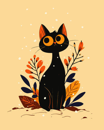 This adorable black cat illustration features vibrant flowers and leaves, showcasing a whimsical character in a charming, minimalistic style. Perfect for animal lovers!のイラスト素材