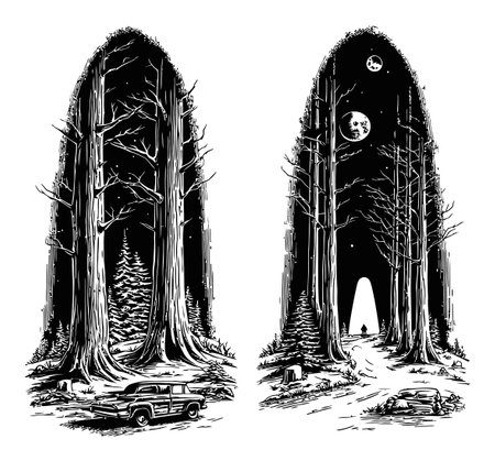 Explore a captivating forest scene featuring a vintage car, towering trees, and a mysterious light at the end of a path, blending nature with intrigue.のイラスト素材