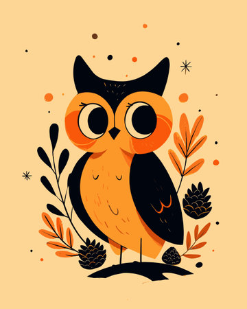 This vibrant cartoon owl illustration features bold colors and playful design elements. The charming character is surrounded by nature-inspired details, perfect for various creative projects.のイラスト素材