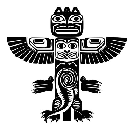 This detailed black and white illustration features a captivating totem pole, representing Native American heritage with intricate designs and spiritual symbolism.のイラスト素材