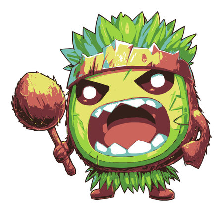 A vibrant cartoon character depicting a tribal monster with big eyes and a fierce expression. It holds a weapon, embodying a playful yet aggressive spirit in a whimsical art style.のイラスト素材