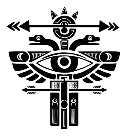 Explore this intricate black and white engraving featuring symbolic elements, including an eye and stylized creatures, offering a unique artistic expression and cultural depth.のイラスト素材