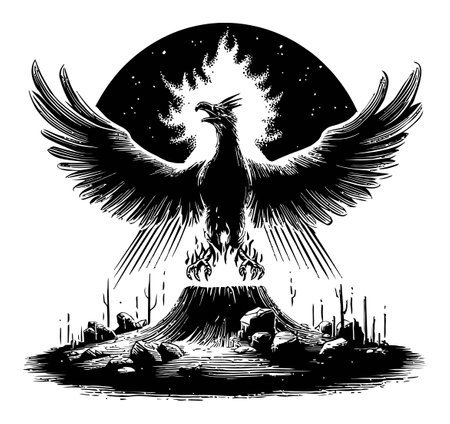 This striking illustration features a phoenix emerging powerfully from flames, symbolizing resurrection and renewal in a dramatic black and white engraving style.のイラスト素材