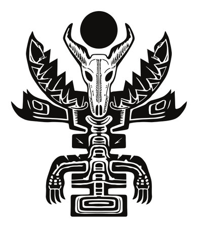 Explore this captivating black and white engraving featuring a mythical creature adorned with a sun motif. Perfect for artistic and cultural projects.のイラスト素材