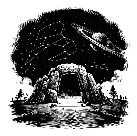 Explore a detailed black and white engraving depicting a mystical celestial landscape with a rock arch, constellations, and Saturn, perfect for art enthusiasts.のイラスト素材