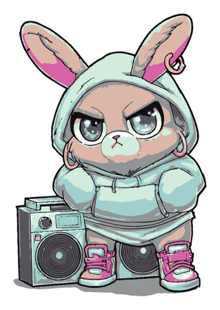 This vibrant cartoon bunny character exudes attitude, dressed in stylish streetwear with a boombox. Perfect for designs targeting youth culture and music.のイラスト素材