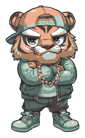 A vibrant cartoon tiger character showcasing a unique urban style, complete with trendy clothing and a confident pose. Perfect for animal artwork, character design, or playful illustrations in any creative project.のイラスト素材