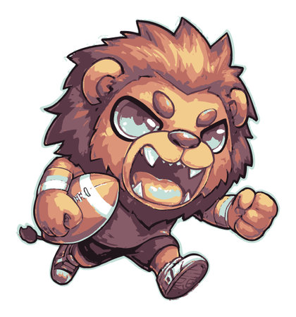 This vibrant cartoon lion character is illustrated with a dynamic pose, charging forward with a football. The design captures a playful and fierce spirit, perfect for sports themes.のイラスト素材