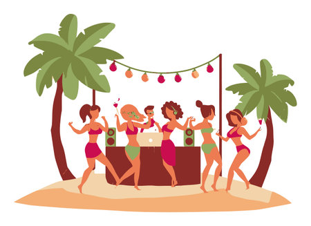 Colorful summer beach party illustration featuring women dancing joyfully by a DJ setup. Lively atmosphere with tropical elements, perfect for vacation vibes.のイラスト素材