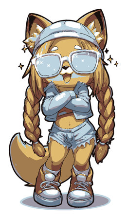 This illustration features a cute cartoon character with glasses and braids dressed in trendy casual attire. The playful fox character exudes charm.のイラスト素材