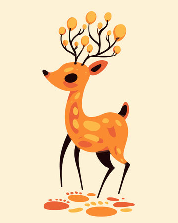 This whimsical cartoon deer features vibrant orange tones and unique antlers resembling trees. Its a charming design ideal for childrens art and playful illustrations.のイラスト素材