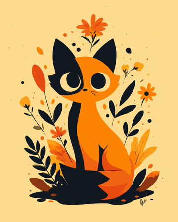 This charming cartoon cat illustration features an adorable feline surrounded by vibrant flowers and plants, showcasing a playful and whimsical style perfect for art lovers.のイラスト素材