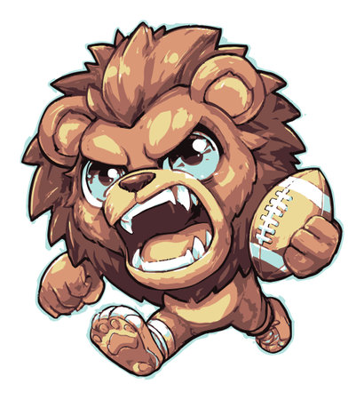 This vibrant illustration features a fierce cartoon lion character sprinting with a football. Its playful demeanor and expressive face create a fun and energetic vibe, perfect for sports-related themes.のイラスト素材