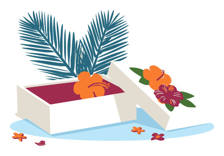 Bright and cheerful summer-themed cartoon illustration featuring a floral gift box adorned with hibiscus flowers and palm leaves. Perfect for seasonal designs.のイラスト素材
