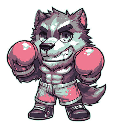 This playful cartoon wolf character is depicted in boxing gloves, showcasing a fun and energetic design. Perfect for sports-themed art or youth-oriented projects.のイラスト素材