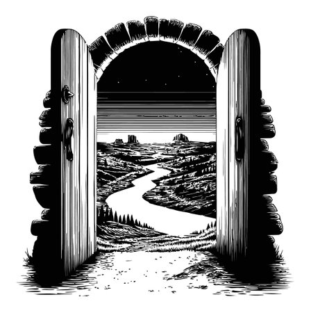 Stunning black and white engraving of an open doorway revealing a tranquil landscape. A winding river leads into majestic mountains, creating a serene escape.のイラスト素材