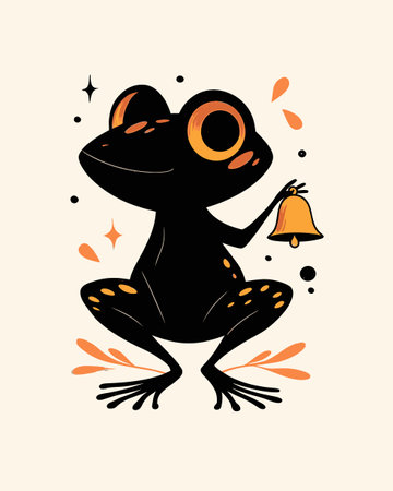 This enchanting cartoon frog character holds a bell, depicted in striking orange and black. The whimsical design captures a playful essence, perfect for children's decor or illustrations.のイラスト素材