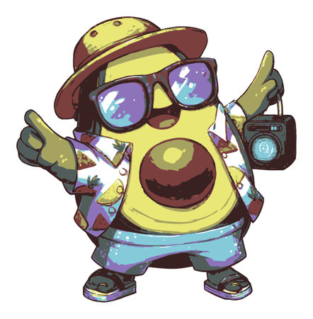 This vibrant cartoon avocado character, dressed in a tropical shirt and sunglasses, embodies a fun...