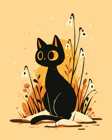 Delight in this whimsical illustration of a black cat, sitting peacefully among delicate flowers, showcasing a playful and charming artistic style.のイラスト素材