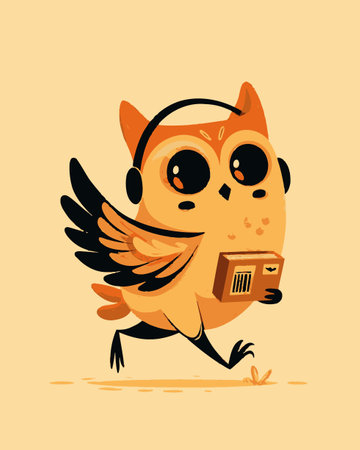 This delightful illustration features a cute cartoon owl wearing headphones while joyfully carrying a package. Perfect for children's themes, it captures a playful essence.のイラスト素材