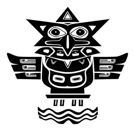 This detailed black and white illustration features a stylized owl design with geometric elements. Ideal for art, nature, and cultural themes.のイラスト素材