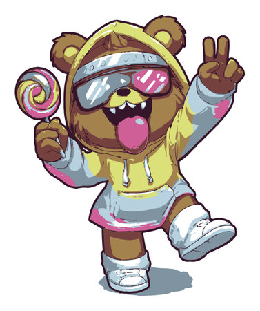 This vibrant cartoon bear character features sunglasses and a fun lollipop, perfect for youth-oriented projects, conveying playfulness and joy.のイラスト素材